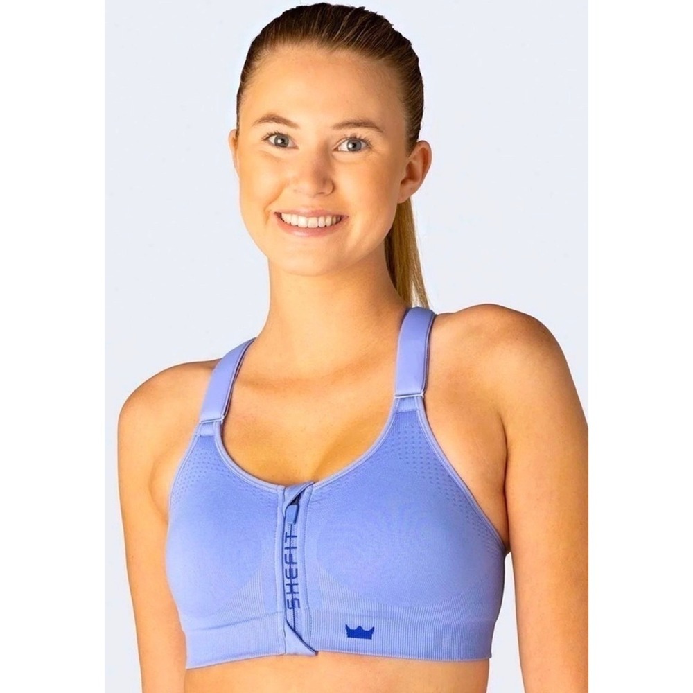 SHEFIT Ultimate Sports Bra Periwinkle Blue Front Zip High Impact 1Luxe Excellent